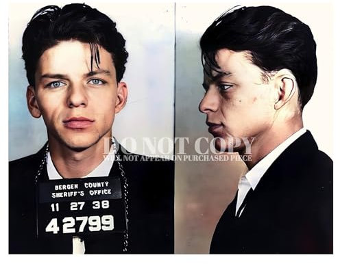 Fotografía de Frank Sinatra Mugshot de 11 x 14 pulgadas, magnífico retrato de taza de 1938, música legendaria estadounidense, imagen icónica, foto famosa de arresto, años treinta, jazz, banda grande,