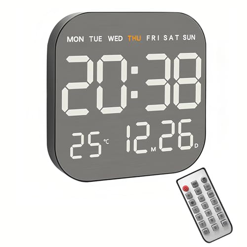 Lancoon Digitale Große Wanduhr mit 10 Helligkeitsstufen Countdown Funktion Fernbedienung Gebürstetes Metall Temperatur Datum Woche für Wohnzimmer Home