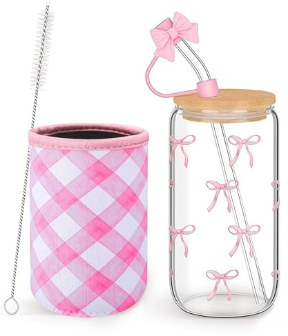 Mrltau 16 Oz Rosa Schleife Deko Glas con Tapa Y Pajita Y Manguito, Iced Coffee Cup Aesthetic Stuff Clean Girl, Aesthetic Gläser Gift For Women, Summer Must Haves For Teen Girls