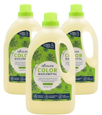 œcolife Colorwaschmittel Limette | Flüssigwaschmittel 3x1,5L | enzymfrei | hautfreundliches enzymfreies Buntwaschmittel mit Limettenduft | natürlich biologisch abbaubar | natürliche Reinigung