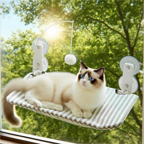 BnbnPup Fensterliege für Katzen Katzenbett Fenster Hängematte mit Starken Saugnäpfen bis 18kg – Abnehmbarer & Wendbarer Bezug, Faltbar & Stabil (Streifen, L)