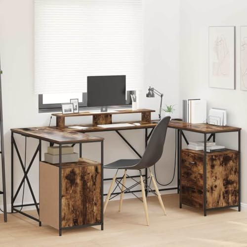 Qnhdfrt Schreibtisch 182x101x87,5 cm Räuchereiche Gaming Desk mit LED Beleuchtung und 4 Schubladen Computertisch Büro Tisch für Home Office Jugendzimmer