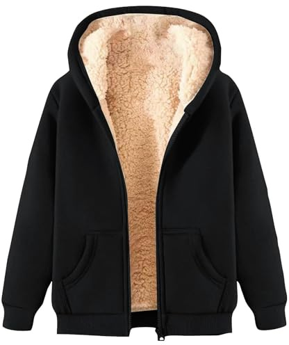 Generisch Fleecejacke Damen Hoodie Kapuzenpullover mit Zipper, Fleecepullover Dick Warm Basic Sweatjacke mit Kapuze, Winterjacke Einfarbig Hooded mit Reißverschluss, Winterjacke-Damen Mit Kapuze