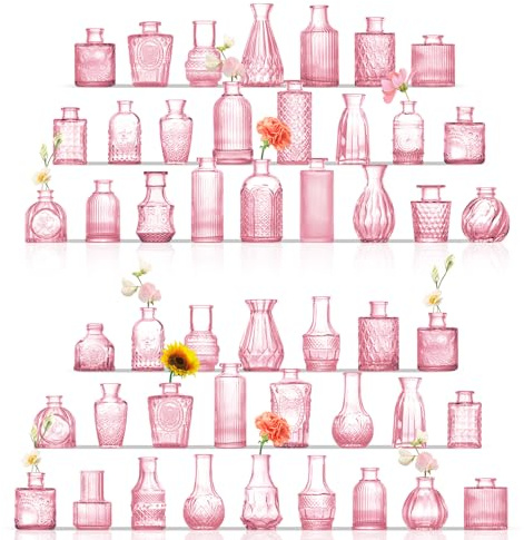 ROLLSCERAY Bud Vasen in Bulk 48, Glasvasen für Tischdeko, Kleine Glasvasen für Blumen, Minivasen Glas, Kleine Vasen, Kleine Glasvasen Set, Rosa Knospenvasen für Hochzeitstischdekoration