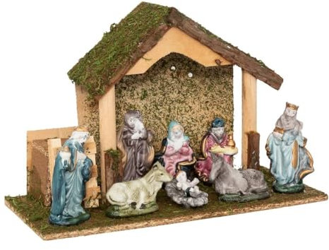 Beleuchtete Weihnachtskrippe mit 8 Krippenfiguren 32 cm