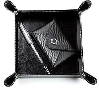 DELMON VARONE - Personalisierbarer Taschenleerer aus Premium Leder Anilin schwarz, Schlüsselschale ideal als Ablage für Schmuck, Kleingeld, Handy & Schlüssel, Echtleder Utensilienschale personalisiert