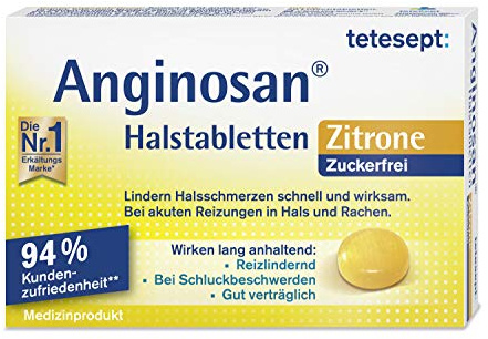 tetesept Anginosan Halstabletten Zitrone, zuckerfrei, 1 x 20 Stück | Lutschtabletten gegen akute Reizungen in Hals & Rachen, lindern Halsschmerzen, Zitronengeschmack, gluten- & laktosefrei