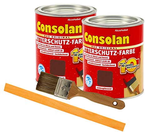 Consolan Wetterschutzfarbe deckend / 2x 0,75L / Holzschutzfarbe Holzfarbe bis zu 10 Jahre wetterbeständig für Holz und Zink Außen inkl. Pinsel & Rührstab (braun 208)