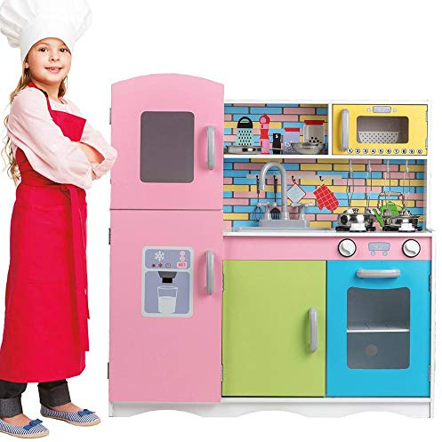 BAKAJI Cucina in Legno Giocattolo per Bambini con Frigorifero Lavello in Plastica 4 Fornelli Forno Apribile Microonde pentole Padelle e Accessori Gioco in Acciaio Dimensione 80 x 30 x 85 cm