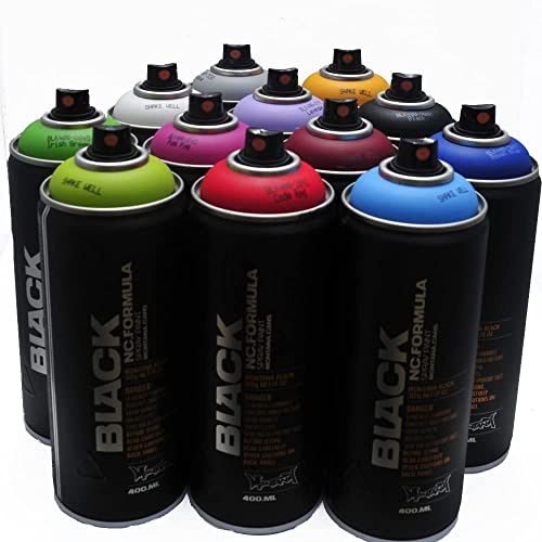 Montana CANS BLACK 400 ml populares colores 12 unidades Graffiti Street Art Mural Spray de pintura (guantes + pegatinas + boquillas) ACABADO MATE PRESION MEDIA PINTURA MAXIMA PRECISION