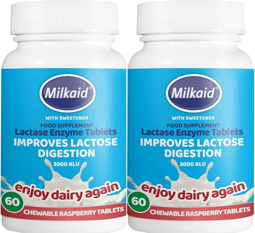 2 X 60 Milkaid Lactase Enzyme Chewable Tablets for Lactose Intolerance Relief | Prevents Gas, Bloating & Diarrhoea | Fast Acting Dairy Digestive Supplement | Gluten Free & Vegan | (2 Pack of 60s)