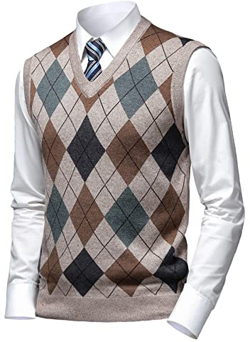 Herothorn Mens Thick Argyle Sweater Vests Classic V-Neck Knitwear Sleeveless Pullover Autumn Winter Warm Tank Tops Camel