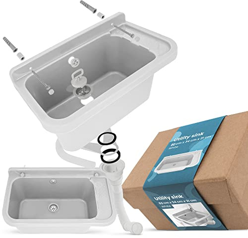 Waschbecken mit Regal 60 x 34 x 21 cm Weiß | Spülbecken Ausgussbecken Waschtrog Becken Ablage Überlauf Gewerbe Waschraum Garten Garage Keller Werkstatt Waschküche Außenwaschbecken Gartenwaschbecken