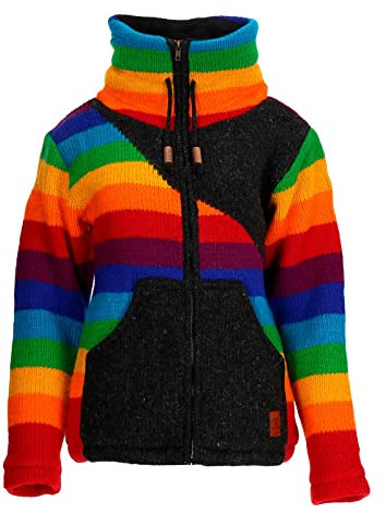 Kunst und Magie Strickjacke Goa Wolle Bunte Regenbogen Jacke Fleecefutter Hochkragen Unisex Fair, Größe:S