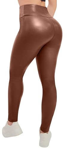 Love My Fashions ® Damen Weich Kunstleder Warm Fleece PU Leggings Wetlook Elastische Taille Volle Länge Hose, camel, 42-44