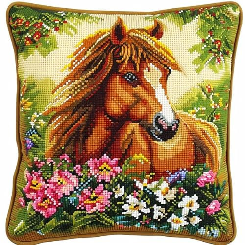 kitphoenix Knüpfen Kissen Set Pferd Knüpfkissen Set für Anfänger Erwachsene oder Kinder zum Selber Knüpfen, DIY Knüpfteppich Knüpfpackung, Knüpfhaken Set 43 x 43 cm