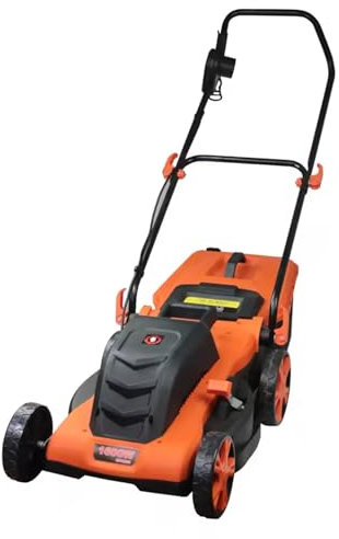FfiMe Tondeuse à Gazon électrique, 1600 W, Grand bac de ramassage de 45 L, Largeur de Coupe de 38 cm, 5 hauteurs de Coupe réglables, Moteur Silencieux sans balais, Pliable pour Le Rangement