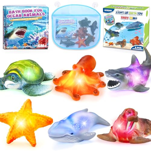 6 Pack Light Up Bath Toys & Magic Bath Book & Storage Bag for Toddler, No Hole Floating Ocean Animal with LED Flashing Colors, Glow Sensory Bathtub Toy for Kid, Water Table Toy, Gift for Boy Girl