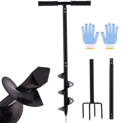 2 in 1 Hand Auger Spiral Drill for Planting, 4 X 44.5inch Post Hole Digger Manual Auger for Fence Posts, Sand, Bulb, Seedlings, Tree, Mail Box, Manual Garden Spiral Hole Digging Drill with Non-Slip.
