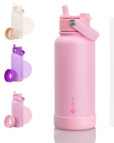MU LIN borraccia termica 1 litro, borraccia con cannuccia, borraccia sportiva alluminio,thermos grande per bere di piu,Adatto a casa, ufficio, campeggio, palestra/Rosa