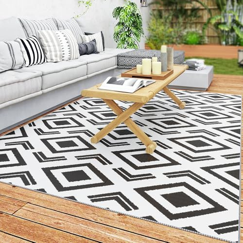 Outsunny Outdoor Teppich robuster Wetterfest Outdoorteppich mit Tragtasche, faltbar Carpet Boho-Style, Outdoor-Teppich für Wohnzimmer Balkon Garten Terrasse Bad Flur Küche, 182 x 274 cm Schwarz+Weiß