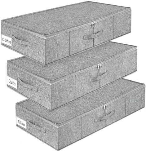 mepure Underbed Storage Boxes – 3 Pack Fabric Storage Bags, 50L Under Bed Storage Box with Lids and Zips, Foldable Clothes Organiser for Bedding, Quilts, Toys, Shoes – Grey