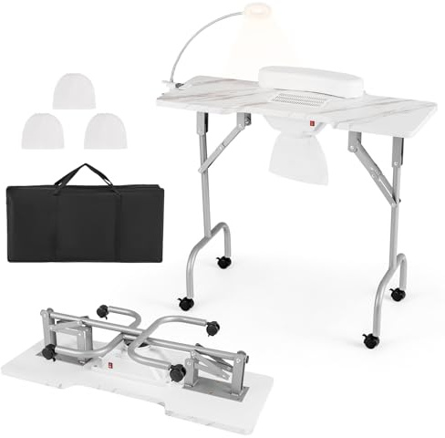 RELAX4LIFE Tavolo Pieghevole per Manicure con Ruota, Scrivania Portatile per Tecnici delle Unghie con Aspiratore, Lampada LED Flessibile, Poggiapolso e Borsa da Trasporto (Bianco)