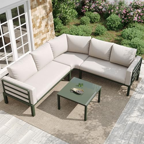 Laxnb Gartenmöbel Set Balkonmöbel Garten Lounge Möbel Outdoor, 4-5 Sitzer Ecksofa mit Couchtisch, Bequeme Kissen, Glastischplatte, Gartenlounge Patio Terrassemöbel, verzinkter Eisenrahmen (Beige+Grün)