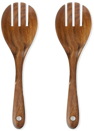 Teak Wood Salad Forks Set of 2, 10.2-Inch Wooden Serving Spork Set, Natural Wood Salad Serving Spork Set, Wooden Kitchen Forks, Salad Servers Resistant to High Heat