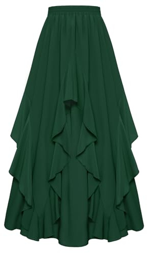 SCARLET DARKNESS Jupe Longue Femme Renaissance Médiévale, Mousseline, Taille Élastique, Ourlet à Volants Vert Foncé S