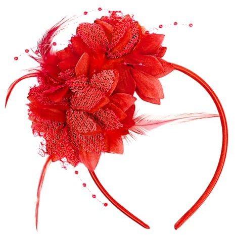 ARWIGFascinator Rosso | Cerchietto con Piume e Fiori | Fascinator per Invitati a Matrimoni, Balli in Maschera