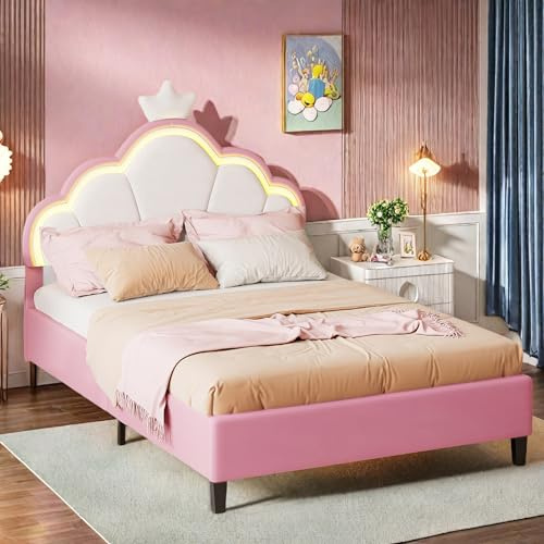 JYNVO Säng för flickor 90x200 med RGB LED, barnsäng med höjdjusterbart molnhuvudgavel, mjuk sammet, ribbsängbotten i trä, vit, rosa, barnsäng flicka, för barnrum
