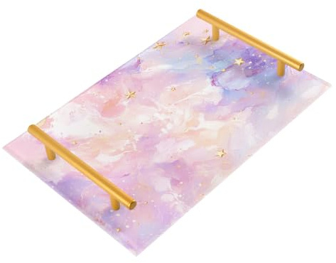 Bandeja acrílica decorativa de lujo con textura de mármol rosa y morado con asas, bandeja para servir café para joyas, perfumes, fiestas, charolas para servir