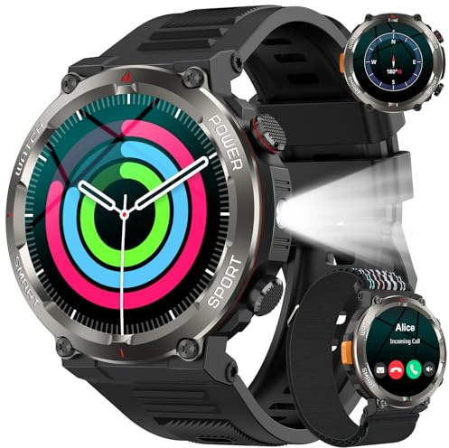 Smartwatch Uomo, 1.45 Orologio Smartwatch con Torcia e Bussola, Orologio Intelligente con Chiamate Bluetooth, 120+Modalità Sportive, IP68 Impermeabile Smart Watch per Android iOS(2 Cinturini)
