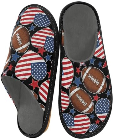 JUNZAN Pantofole a forma di pallone da calcio con bandiera americana, per donne e uomini, pantofole in memory foam, per camera da letto, interni,, Palloni da calcio con bandiera americana, 9-10 Women