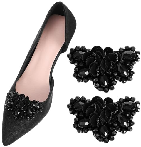 Xindojuz 2 PCS Bow Shoe Clips for Women Dress Shoes, Black Vintage Beading Shoe Embellishment Detachable Decorative Shoes Clips Charms Accessories for Wedding Pumps Decoration (2.75×1.57 Inches)