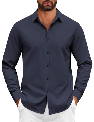 COOFANDY Camisa de Algodón de Manga Larga para Hombre Corte Azul Oscuro L