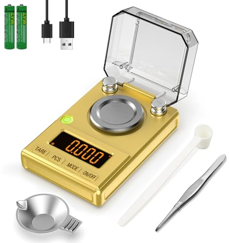 Digitale Milligramm-Waage, 100 g x 0,005 g, für Schmuck, Edelsteine, Münzen, Pulver und Medizin, mit Kalibriergewichten und Zubehör, hochpräzise Grammwaage, Genauigkeit 0,1 g, MG-Skala, goldfarben