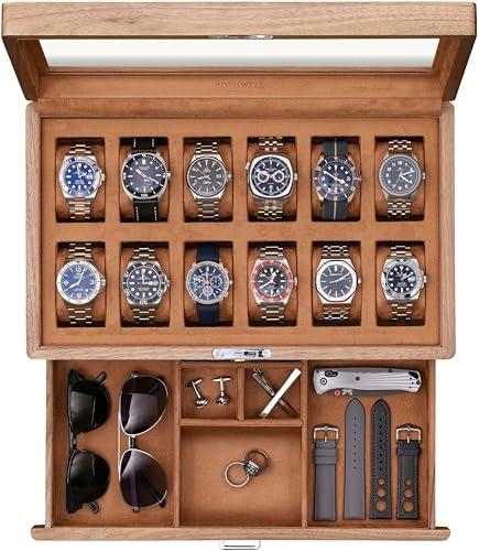 ROTHWELL 12-Slot Solid Walnut Watch Box with Valet Drawer - Premium Jewelry Display Case Organizer with Locking Glass Top and Microsuede Liner for Men & Women (Tan Interior)