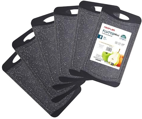 NEOFLAM® Frühstücksbrettchen spülmaschinenfest 25x14cm 6er Set - Schneidebrett Kunststoff BPA-frei, Brettchen rutschfest, Brotzeitbrett antibakteriell, Küchenbrett mit Saftrille, Marmoroptik schwarz