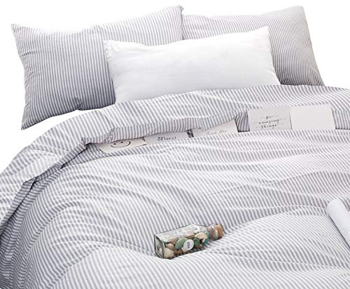 Wake In Cloud - Striped Cotton Duvet Cover Set, Ticking Stripe Pinstripe Farmhouse, 100% Cotton Bedding Set, 3 Pieces, Gray White, Full Size