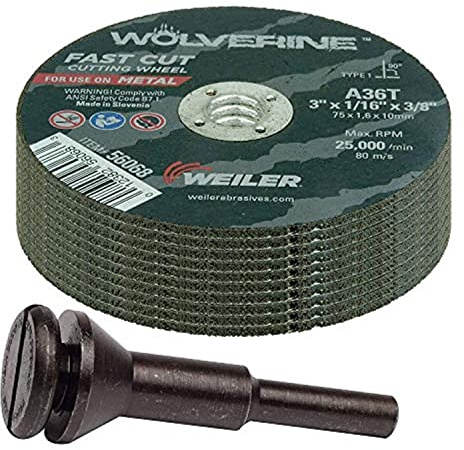 Weiler 56089 Die Grinder Cut-Off Wheel and Mandrel Kit including 56490 Mandrel and 3-Inch x 1/16 Wolverine T1 Thin Wheels, A36T, 3/8 AH (1 Mandrel and 10 Cutting Discs)