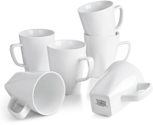 WishDeco Set di 6 Tazze in Porcellana, Tazze da Caffè Grandi 400 ml, Tazze da Tè Bianche in Ceramica, Servizio Tazze per Latte, Cacao, Succo