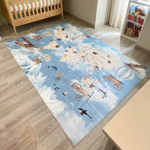 Nazar Tapis Chambre Enfant, Tapis Bébé, Tapis Enfant pour Fille et garçon à Motifs Dinosaure, Carte du Monde et Animaux (746 Bleu, 160x230 cm)