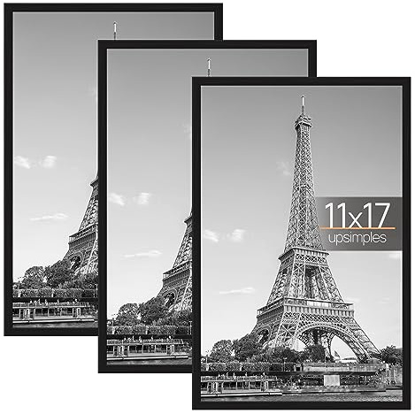 upsimples 11x17 Picture Frame Black 3 Pack, Scratch-Proof 11 x 17 Poster Frames for Photo Gallery - Slide-In Strips, Horizontal or Vertical Wall Mounting