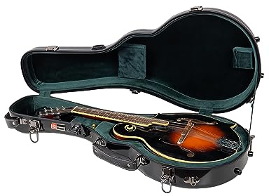 Crossrock Mandolinenkoffer aus Fiberglas - konturiert für F-Style (passend für Gibson F5) | Schwarz Glanz, Waldgrüner Samt, TSA-Schloss, Zubehörfach, Rucksackgurte - Sleek Pro Travel Case