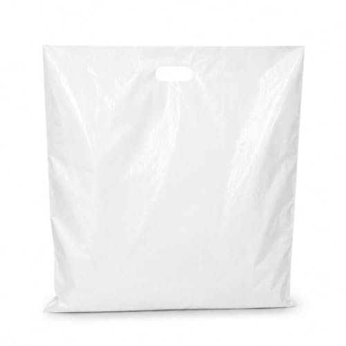 Bag Market | 100 x Large White Patch Handle Carrier Bags - 22 x 18 x 3 | Plastic Retail Bag with Patch Handle, Strong White Boutique Shopping Carrier Bags for Clothes, Gifts, Retail & Takeaway