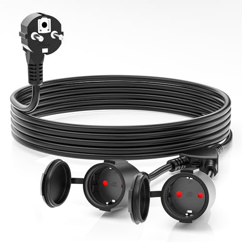 5M Verlängerungskabel Außen mit 2 Schuko Steckdosen, Verlängerungskabel Outdoor IP44, Doppel-Verlängerung für Den Außenbereich mit Schutzkontakt 2-Fach Steckdosen, 16A/250V, Schwarz