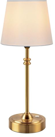 ONEWISH Cordless Lamp-Battery Operated Table lamp, 4000mAh Rechargeable, Stepless Dimmable, Small Touch Bedside Lamp with Fabric Shade, for Dining, Patio, Bathroom(Gold)