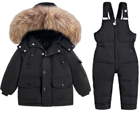 BRONG Enfant Combinaison de Neige Hiver Bébé Doudounevestes Manteau avec Capuche Amovible Neige Pantalon Étanche Filles Garçons Combinaison de Ski Ensemble Noir 3-4 Ans